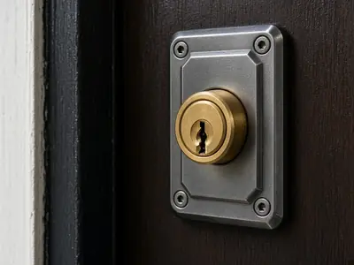 Bombín de alta seguridad con escudo blindado en una puerta de madera oscura